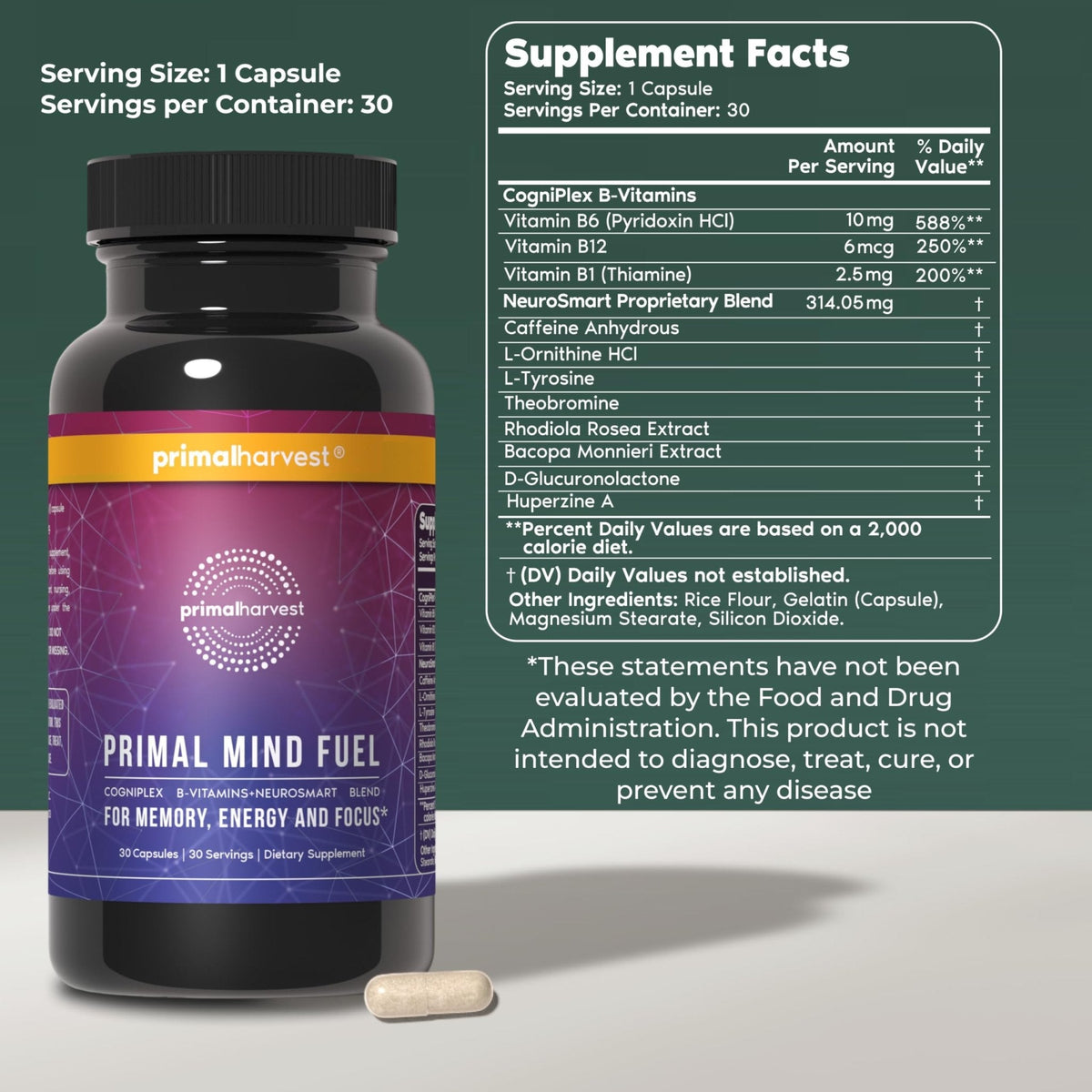Brain Supplement by Primal Harvest, Primal Mind Fuel Brain Booster for Focus, Energy, Clarity, and Brain Health 30 Capsules Nootropics Brain Support Supplement for Men and Women - Maple Wellness Supplements