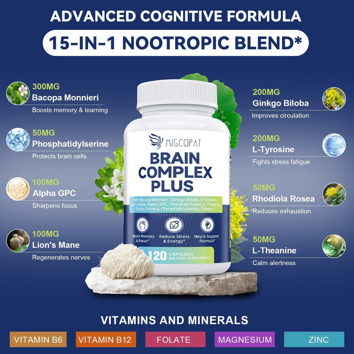 Brain Supplements for Memory and Focus | Nootropic with Bacopa Monnieri, Lion's Mane, Alpha GPC, Ginkgo Biloba | Mental Clarity & Cognitive Support | Vitamin B6 & B12 Neuro Health - Non-GMO, 120 Caps - Maple Wellness Supplements