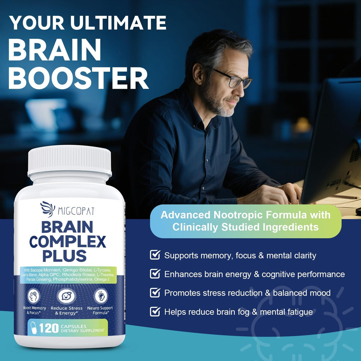 Brain Supplements for Memory and Focus | Nootropic with Bacopa Monnieri, Lion's Mane, Alpha GPC, Ginkgo Biloba | Mental Clarity & Cognitive Support | Vitamin B6 & B12 Neuro Health - Non-GMO, 120 Caps - Maple Wellness Supplements