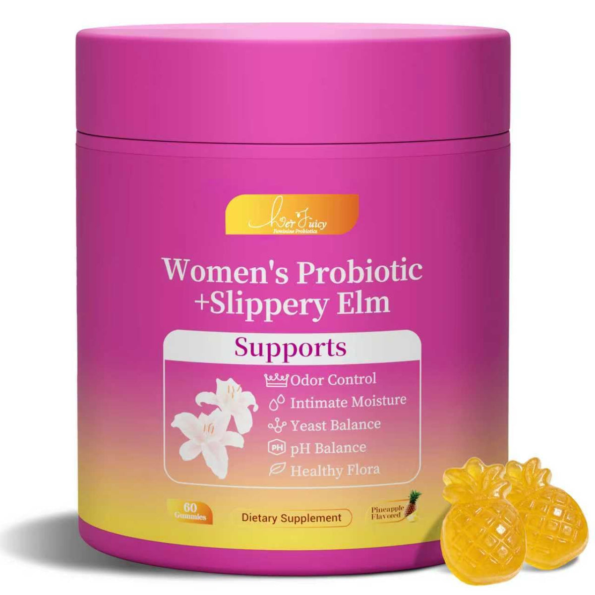 Brurtzexs Her Juicy Feminine Probiotics Gummies for Women with Slippery Elm - Pineapple Flavor, pH Balance & Immune Health Support - Digestive & Feminine Support - Vegan Supplement, 60 C - Maple Wellness Supplements
