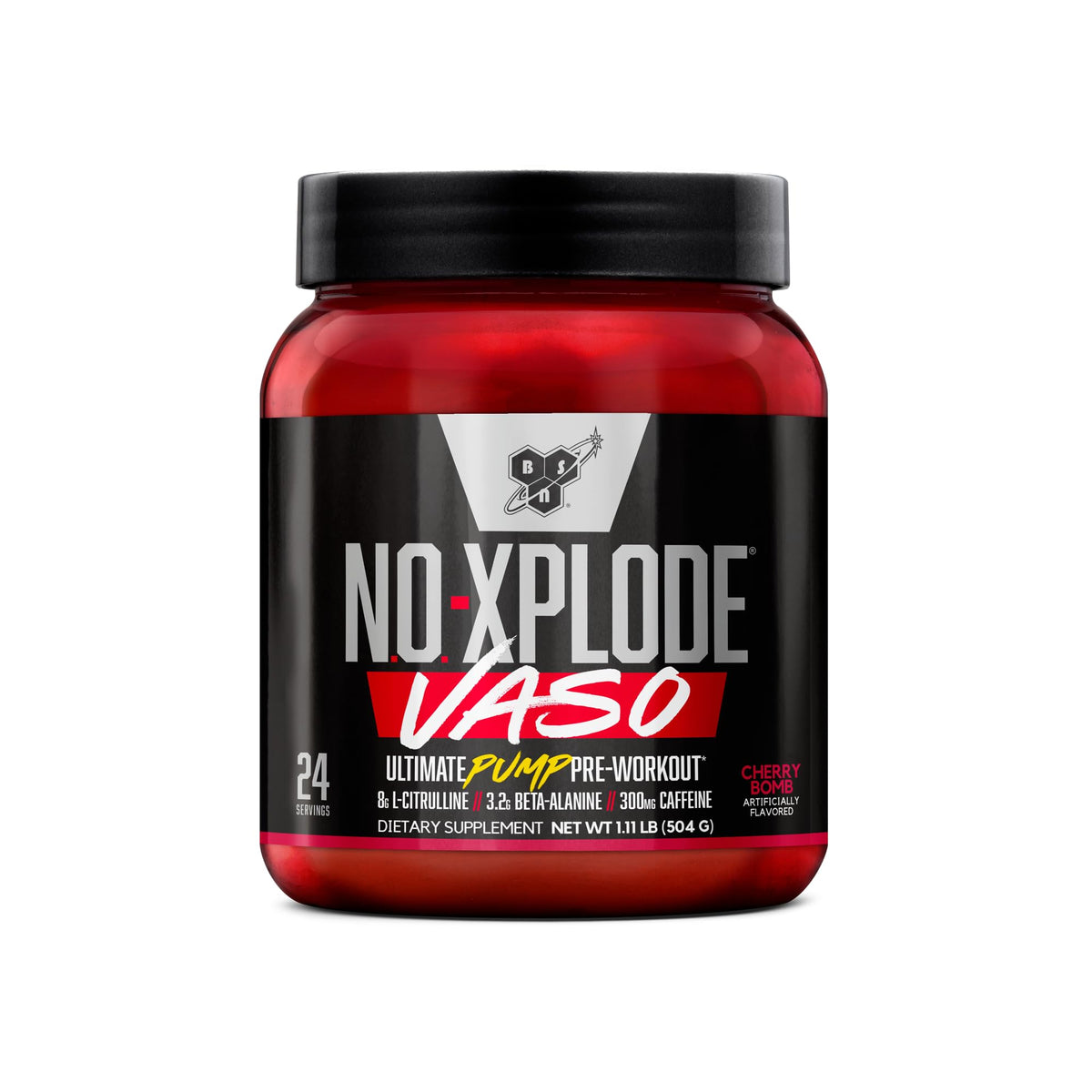 BSN N.O.-XPLODE Vaso Pre Workout Powder with 8g of L-Citrulline and 3.2g Beta-Alanine and Energy, Flavor: Cherry Bomb, 24 Servings - Maple Wellness Supplements