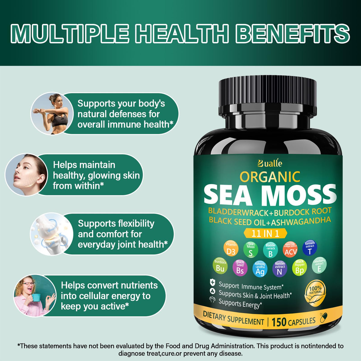 Bualle Irish Sea Moss Capsules – Organic Sea Moss, Black Seed Oil, Ashwagandha Supplements with Bladderwrack, Ginger & Burdock Root – Supports Daily Wellness, Skin & Energy – 150 Count (1 Pack) - Maple Wellness Supplements