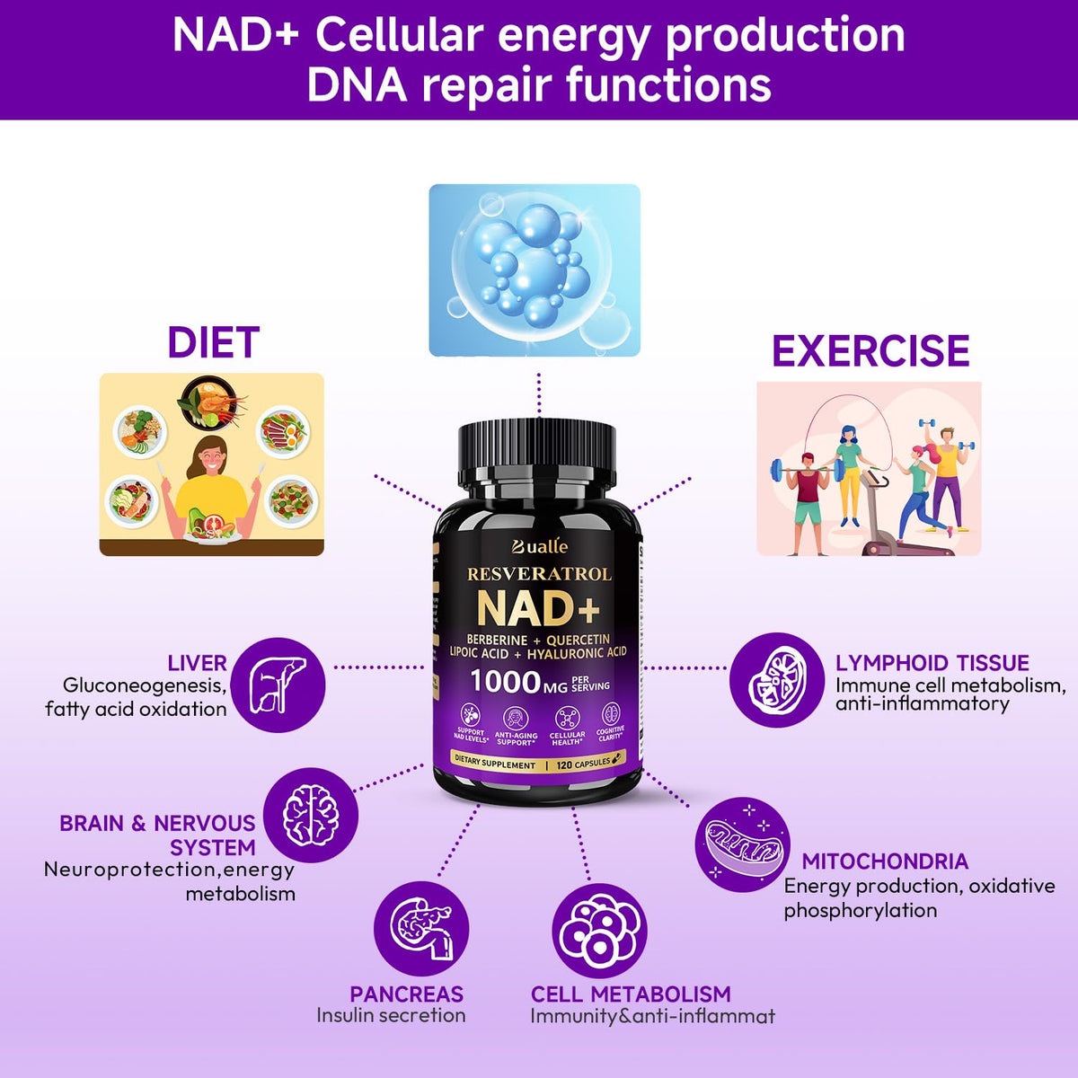 Bualle NAD Supplement, Liposomal NAD Resveratrol Supplement Contains Berberine, Alpha Lipoic Acid,Hyaluronic Acid & Quercetin - Joint Function& Support Anti-Aging,NMN Alternative -120 Capsules - Maple Wellness Supplements