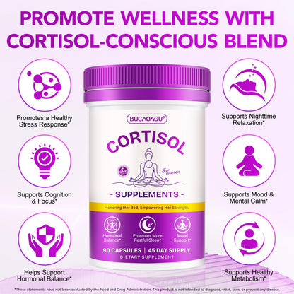 BUCAOAGU Cortisol Supplements for Women - Cortisol Reducer & Stress Support - Magnolia Bark, Rhodiola Rosea, Holy Basil, Magnesuim, Phosphatidylserine - Hormone Balance & Mood, Focus, Sleep Support - Maple Wellness Supplements