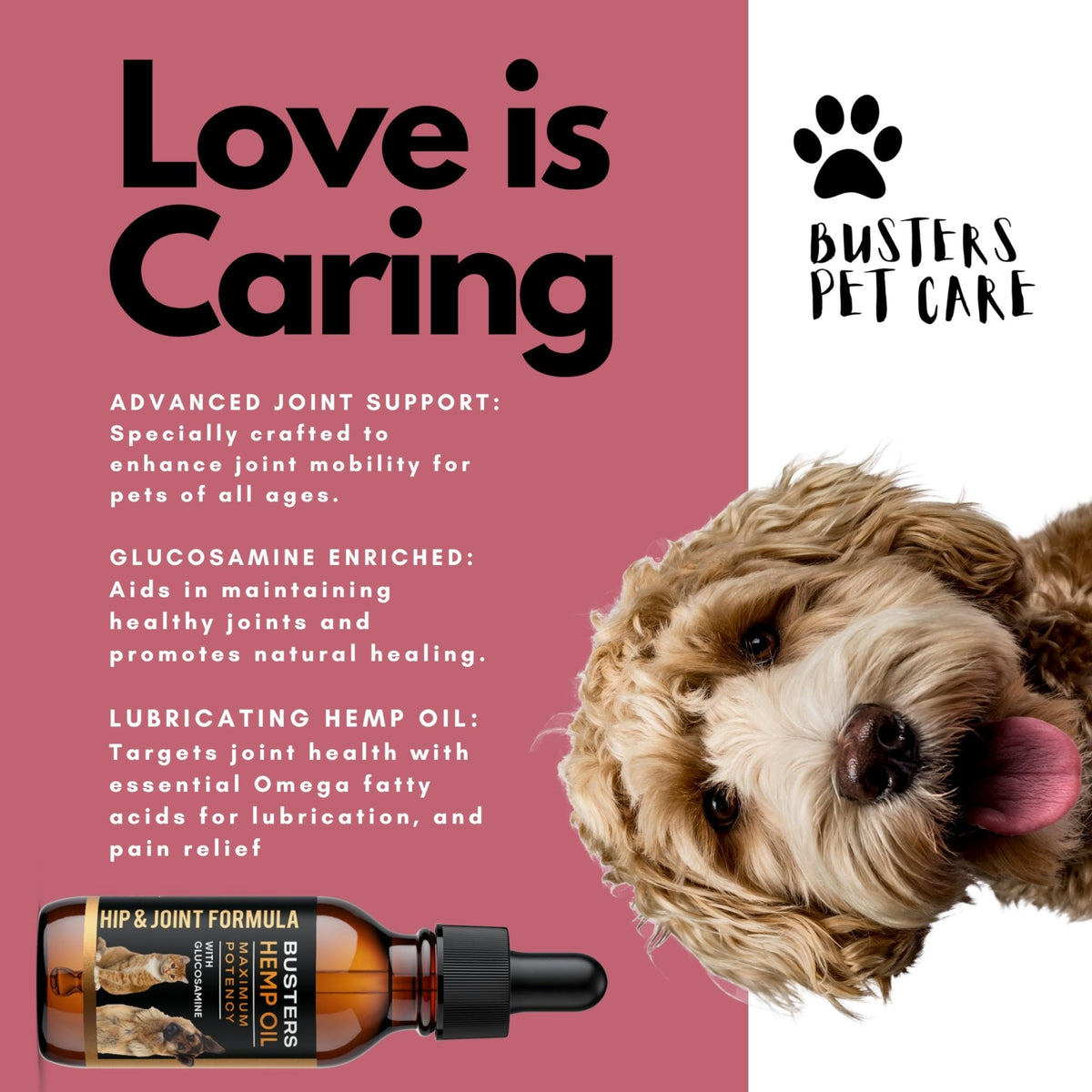 Busters Hip and Joint Hemp Oil Formula enriched with Glucosamine, Pain Relief for Dogs and Pets, Arthritis, and Advanced Mobility Support - Maple Wellness Supplements