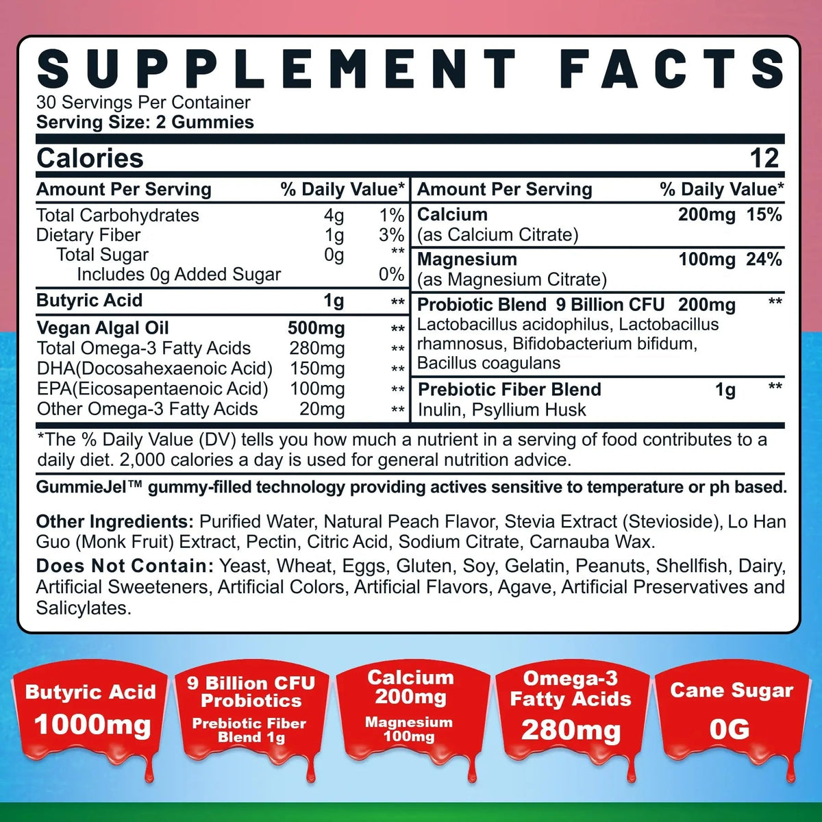 Butyrate Gummies with Probiotic + Prebiotic + Postbiotic, Omega-3 500mg,Fiber with 9 Billion CFU Probiotics, Calcium & Magnesium, Inulin,Psyllium Husk for Digestive Health,Bloating Support,Sugar Free - Maple Wellness Supplements