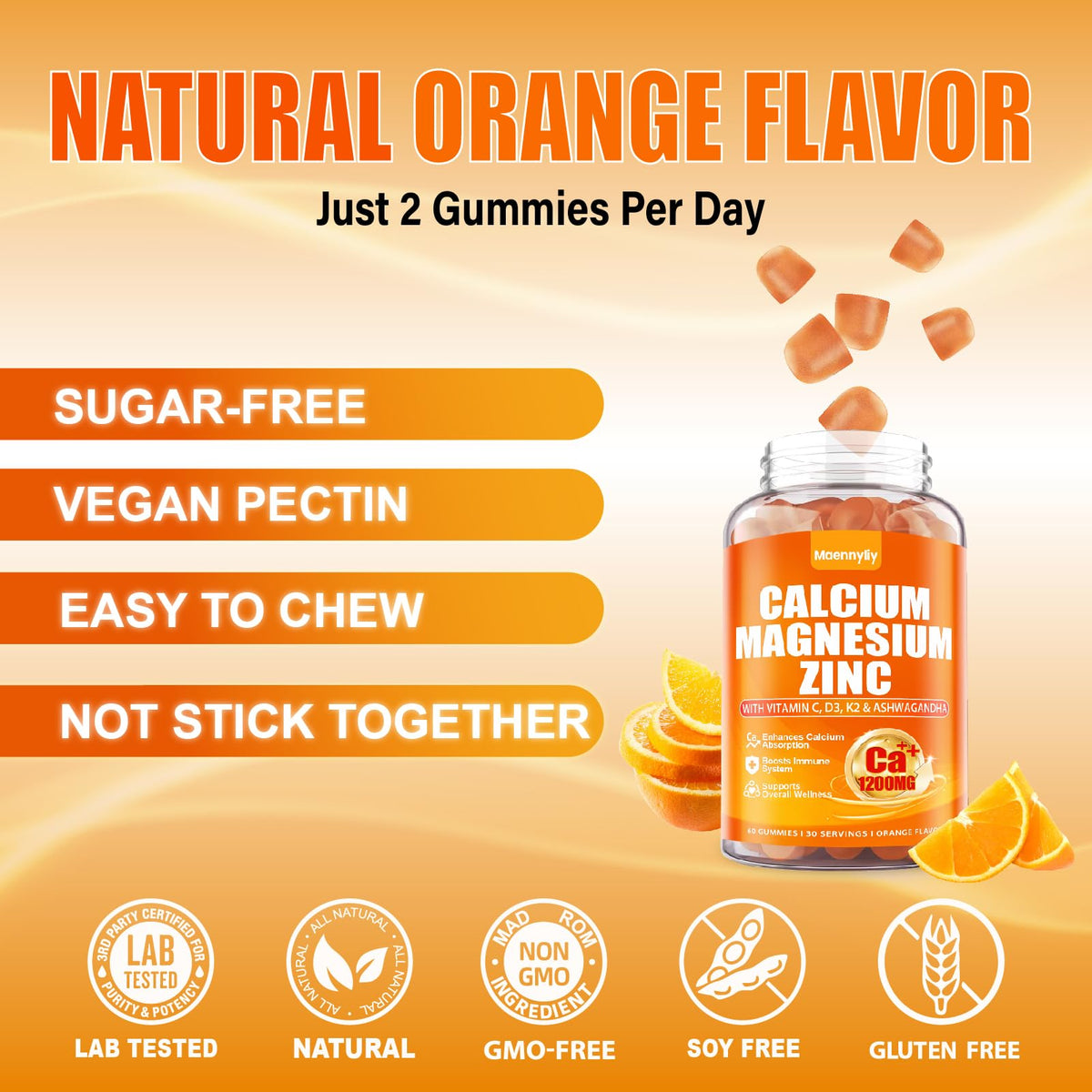 Calcium 1200 mg with Vitamin D3 Gummies for Adults - Calcium Citrate with Vitamin D3 K2, Magnesium, Zinc, Boron, Copper and Ashwagandha - Maple Wellness Supplements