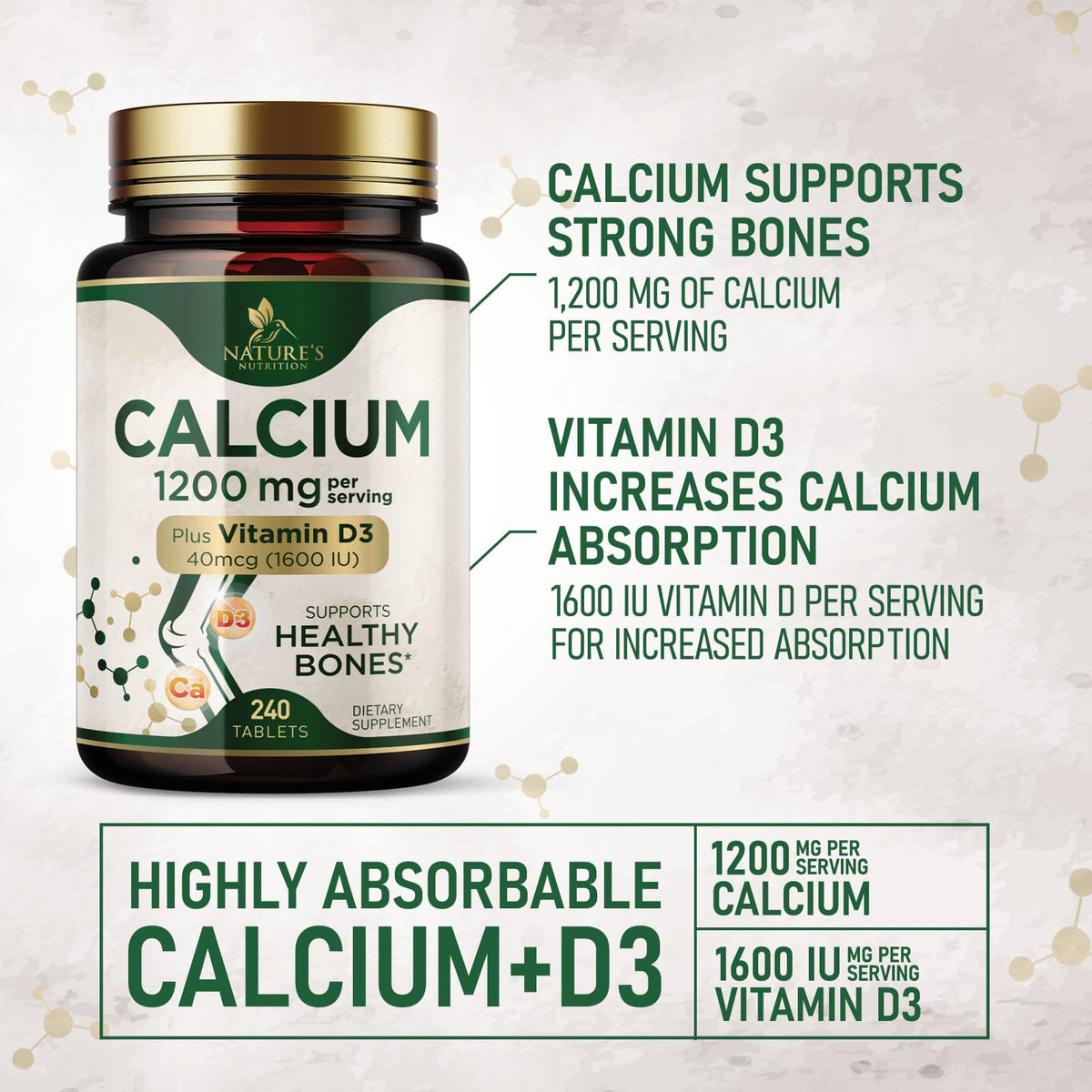 Calcium 1200 mg with Vitamin D3 - Per Serving - Bone Health Supplement - Vitamin D & Calcium Supplements for Women & Men - Bone Strength Support - Maple Wellness Supplements