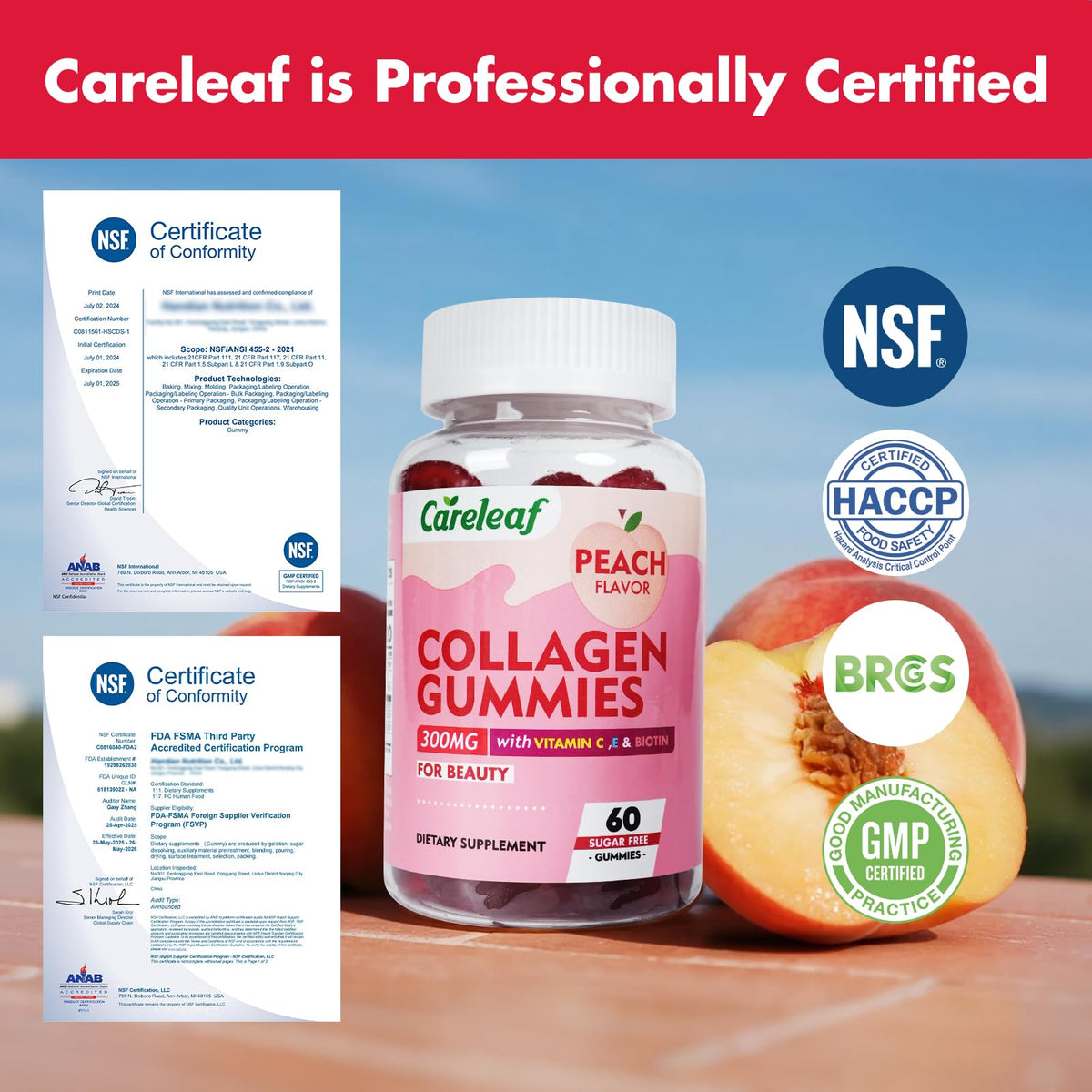 careleaf Sugar Free Collagen Gummies with Vitamin C Vitamin E Support Natural Collagen Production, Healthy Hair, Nails and Bones,Peach Flavor,60 Gummies for 30 Days Supply - Maple Wellness Supplements