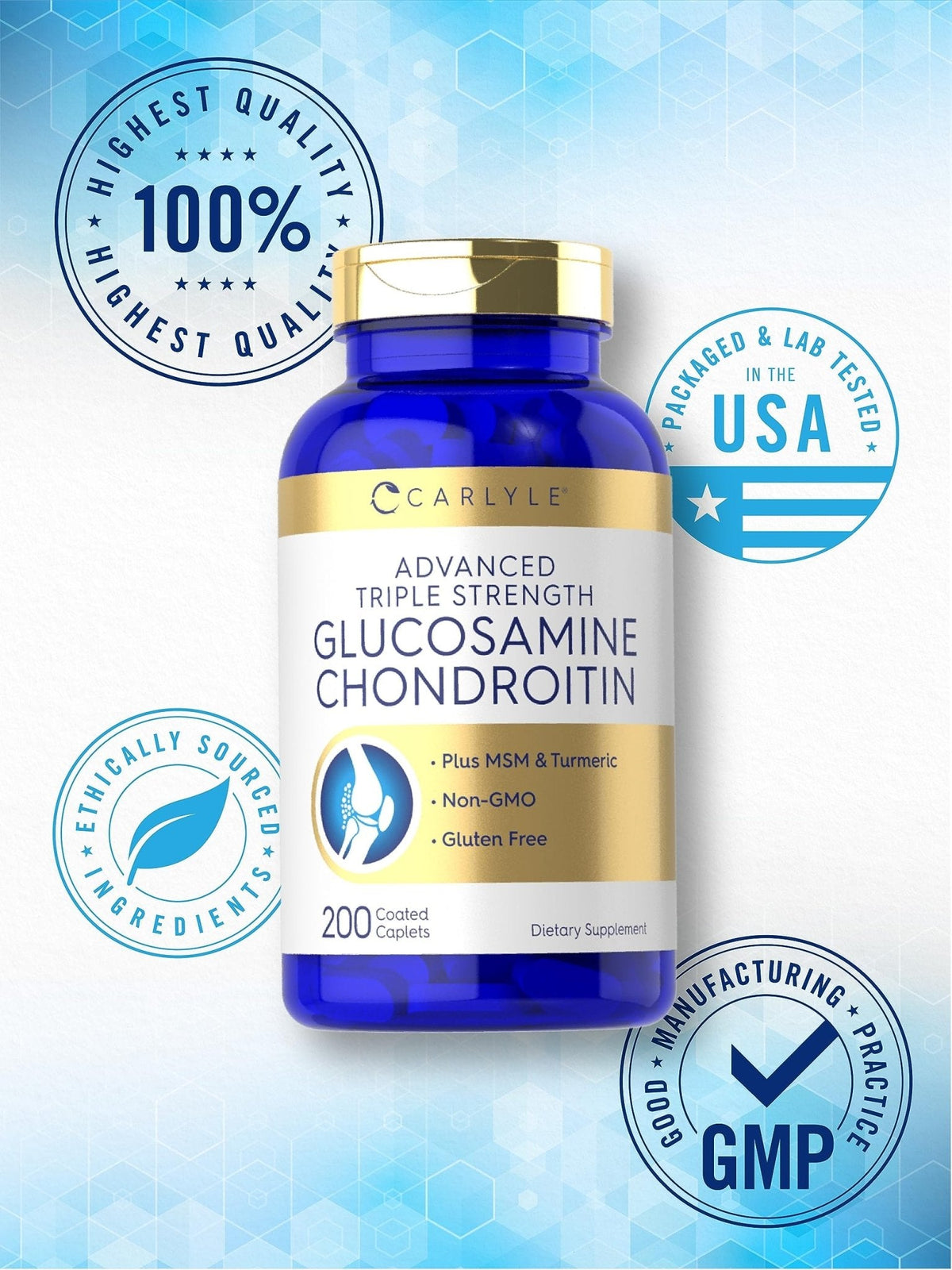 Carlyle Glucosamine Chondroitin MSM Turmeric | 200 Count | Advanced Triple Strength Supplement | Non-GMO & Gluten Free - Maple Wellness Supplements