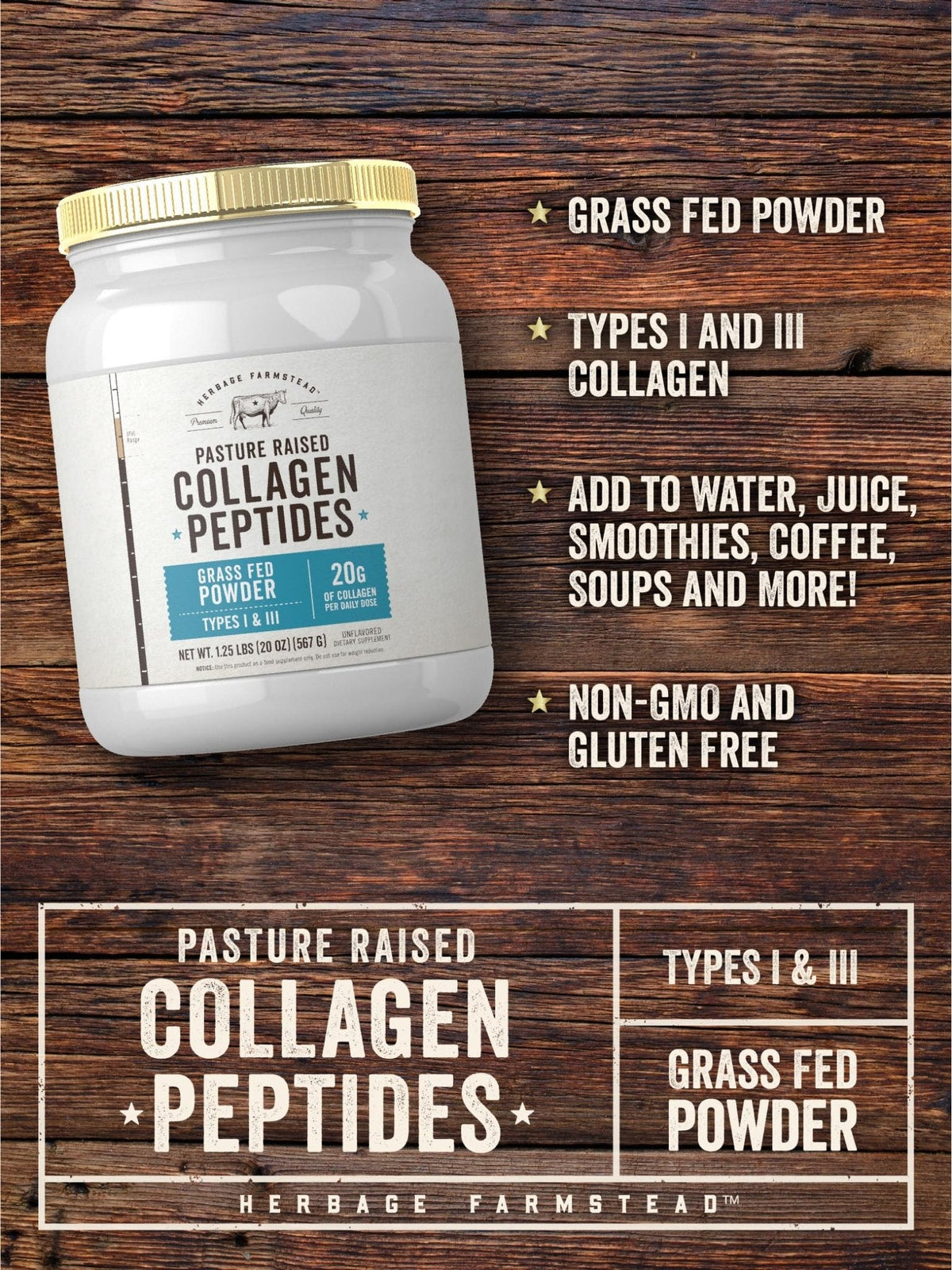 Carlyle Grass Fed Collagen Peptides Powder 20oz | Unflavored | Pasture Raised | Types I & III | 20g of Collagen Per Daily Dose | Non-GMO, Gluten Free | by Herbage Farmstead - Maple Wellness Supplements