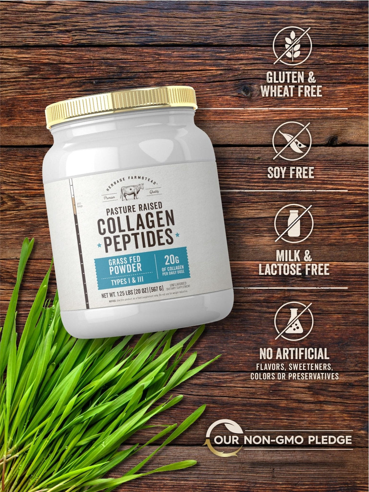 Carlyle Grass Fed Collagen Peptides Powder 20oz | Unflavored | Pasture Raised | Types I & III | 20g of Collagen Per Daily Dose | Non-GMO, Gluten Free | by Herbage Farmstead - Maple Wellness Supplements