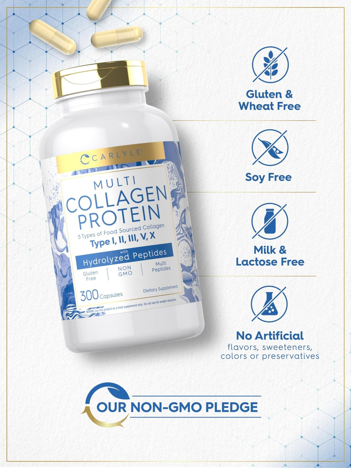 Carlyle Multi Collagen Protein Capsules 2000mg | 300 Count | Type I, II, III, V, X | Collagen Peptide Pills | Keto & Paleo Friendly - Maple Wellness Supplements