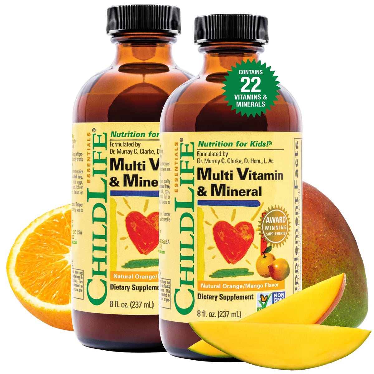 CHILDLIFE ESSENTIALS Kids Multivitamin & Mineral - Kids Vitamins, Liquid Multivitamin for Kids, Toddler Multivitamins, Liquid Vitamins, Baby Multivitamin - Natural Orange & Mango, 8 Fl Oz (Pack of 2) - Maple Wellness Supplements
