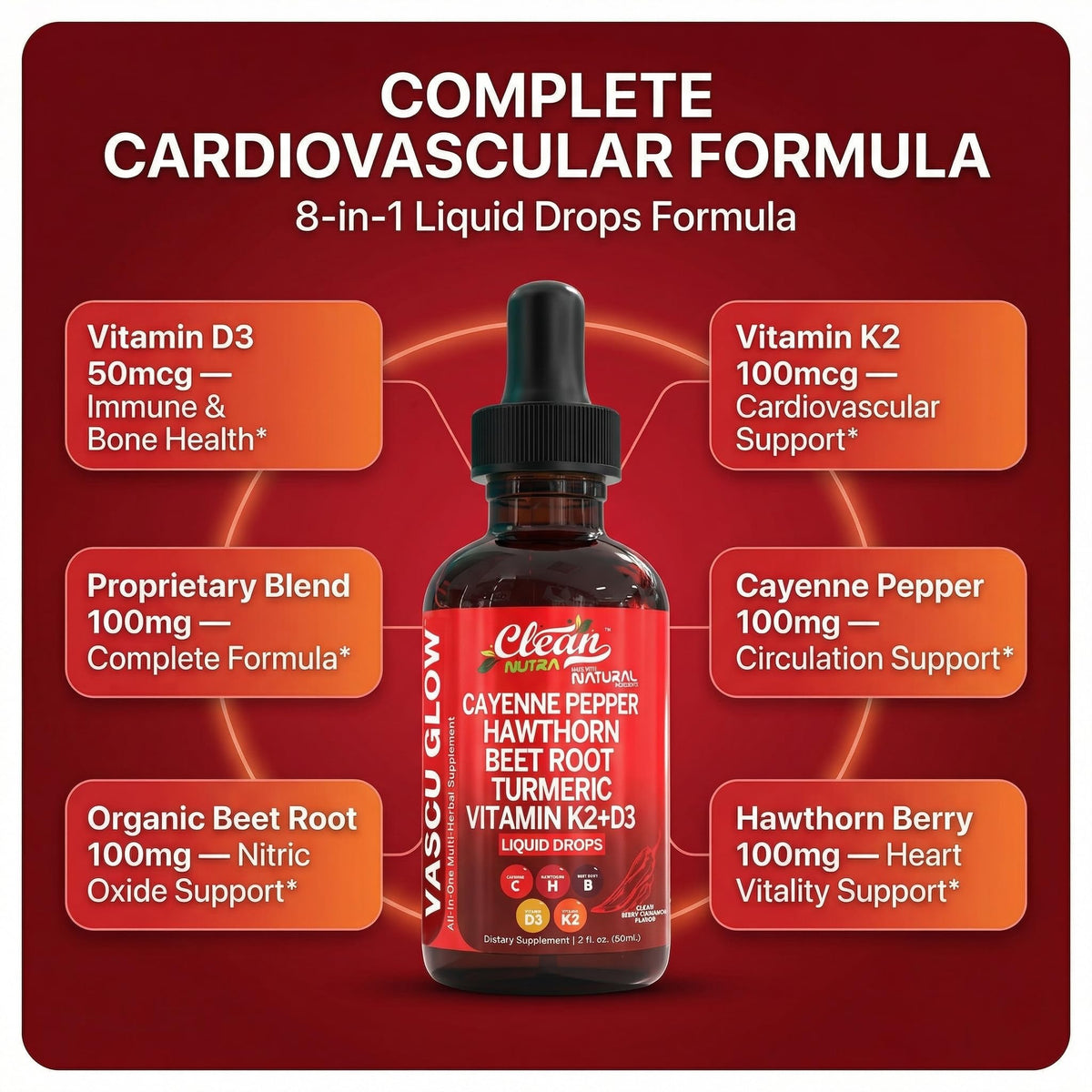 Clean Nutra Cayenne Pepper Drops Supplement Liquid + Hawthorn Berry, Vitamin D3 K2 Beet Root Powder, Ceylon Cinnamon, Turmeric Curcumin - Maple Wellness Supplements
