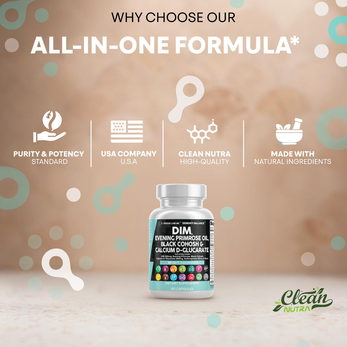 Clean Nutraceuticals DIM Evening Primrose Black Cohosh Calcium D-Glucarate Sulforaphane Flax Seed Extract - Hormonal Support Vitamins for Women with Dong Quai - 60 Caps - Maple Wellness Supplements
