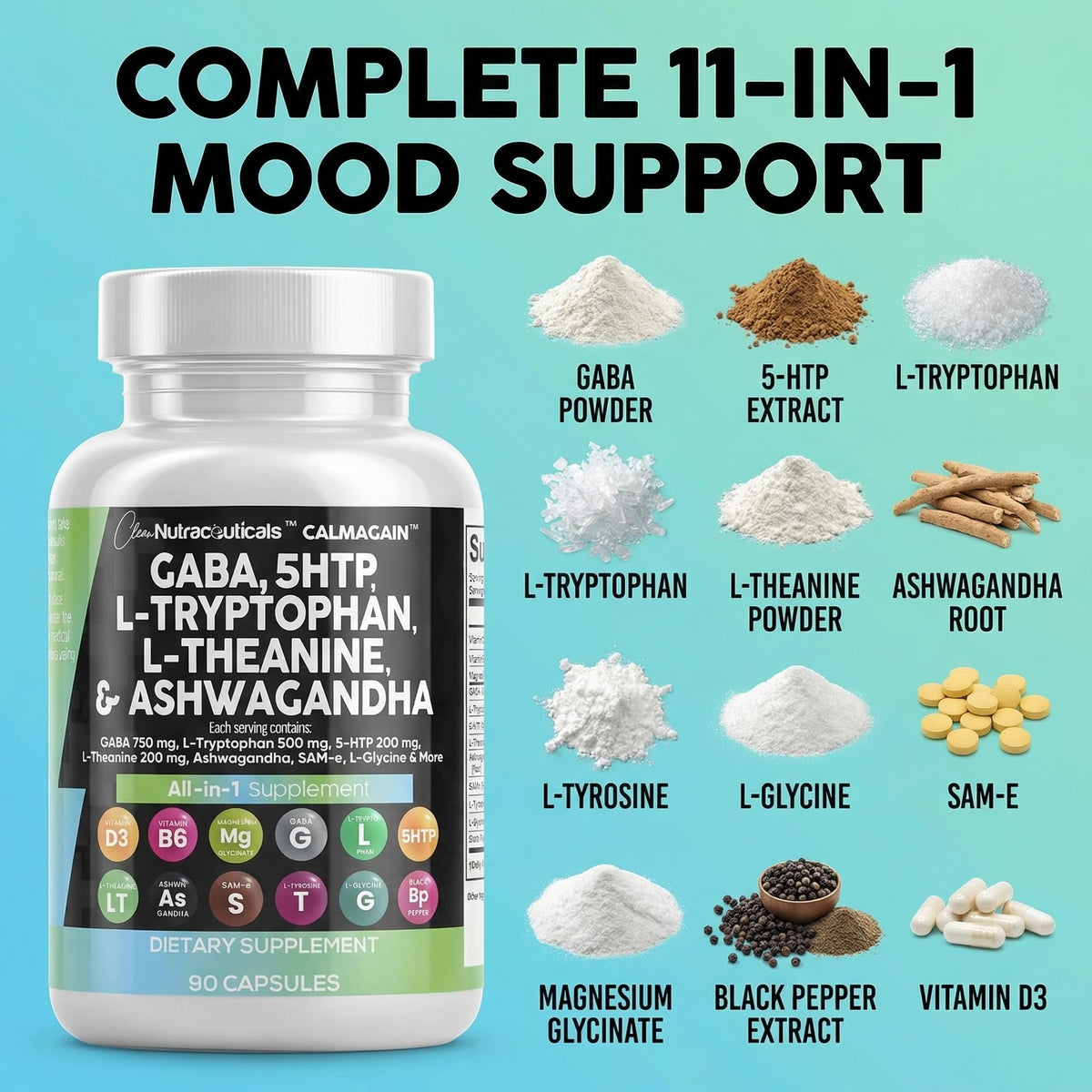Clean Nutraceuticals GABA 750mg 5 HTP 200mg L Tryptophan 500mg L Theanine 200mg Ashwagandha SAM-e L-Glycine - Mood Support Vitamins for Women and Men with L-Tyrosine 5-HTP (5-Hydroxytryptophan) - Maple Wellness Supplements