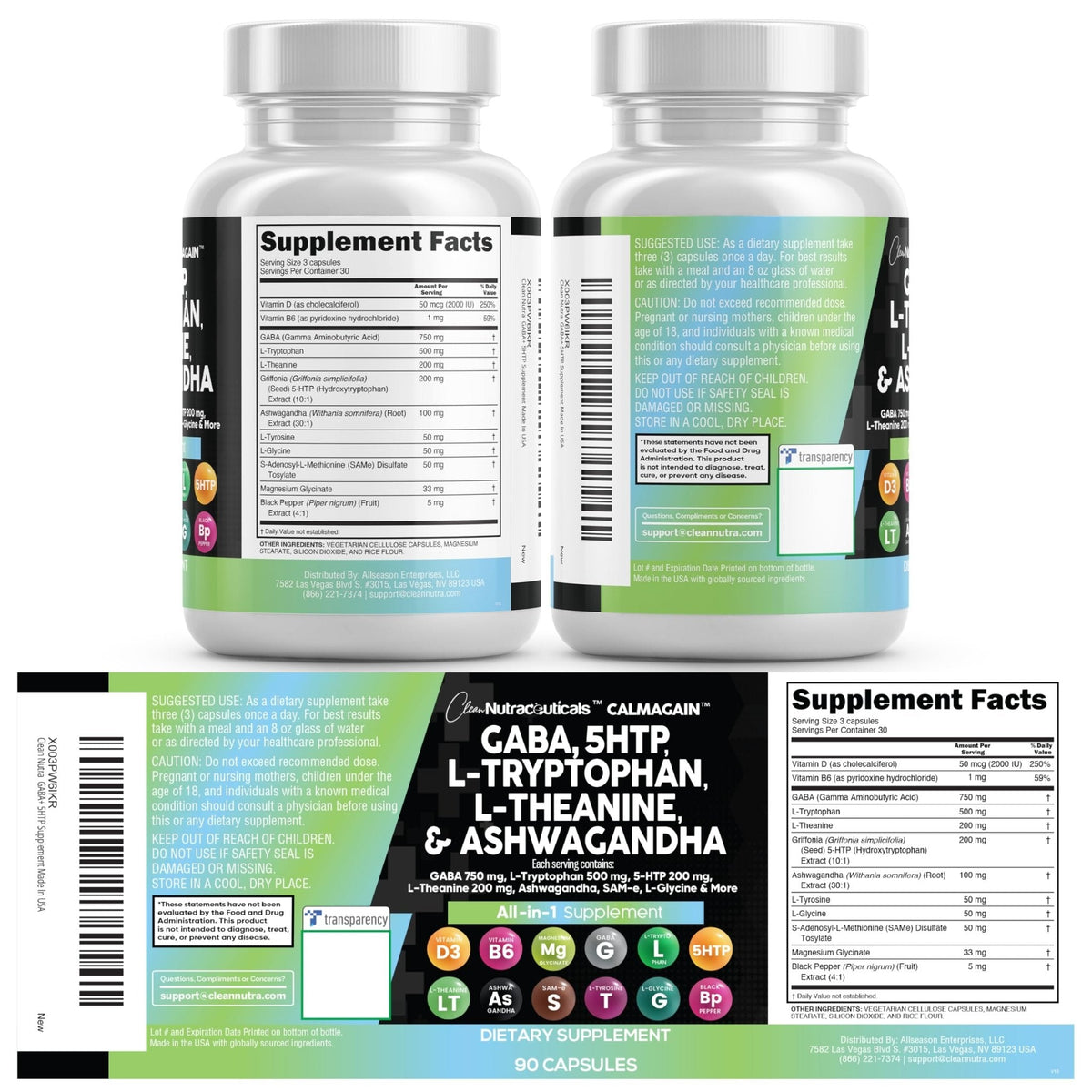 Clean Nutraceuticals GABA 750mg 5 HTP 200mg L Tryptophan 500mg L Theanine 200mg Ashwagandha SAM-e L-Glycine - Mood Support Vitamins for Women and Men with L-Tyrosine 5-HTP - Maple Wellness Supplements