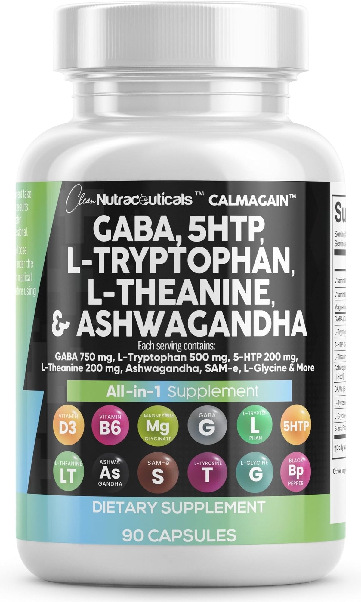 Clean Nutraceuticals GABA 750mg 5 HTP 200mg L Tryptophan 500mg L Theanine 200mg Ashwagandha SAM-e L-Glycine - Mood Support Vitamins for Women and Men with L-Tyrosine 5-HTP (5-Hydroxytryptophan) - Maple Wellness Supplements