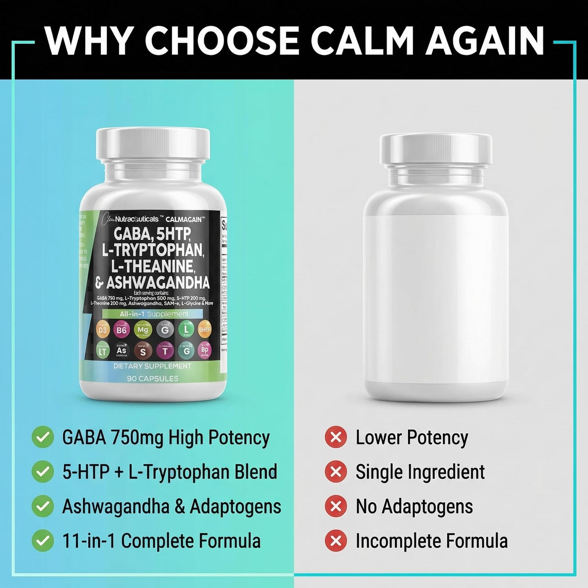 Clean Nutraceuticals GABA 750mg 5 HTP 200mg L Tryptophan 500mg L Theanine 200mg Ashwagandha SAM-e L-Glycine - Mood Support Vitamins for Women and Men with L-Tyrosine 5-HTP (5-Hydroxytryptophan) - Maple Wellness Supplements