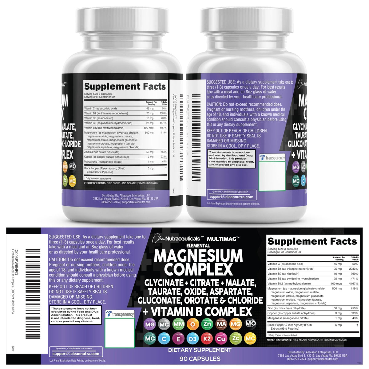 Clean Nutraceuticals Magnesium Complex with Magnesium Glycinate Citrate Malate Oxide Taurate Aspartate Orotate & Mag Chloride, Zinc Copper Manganese (90 Count (Pack of 2)) - Maple Wellness Supplements