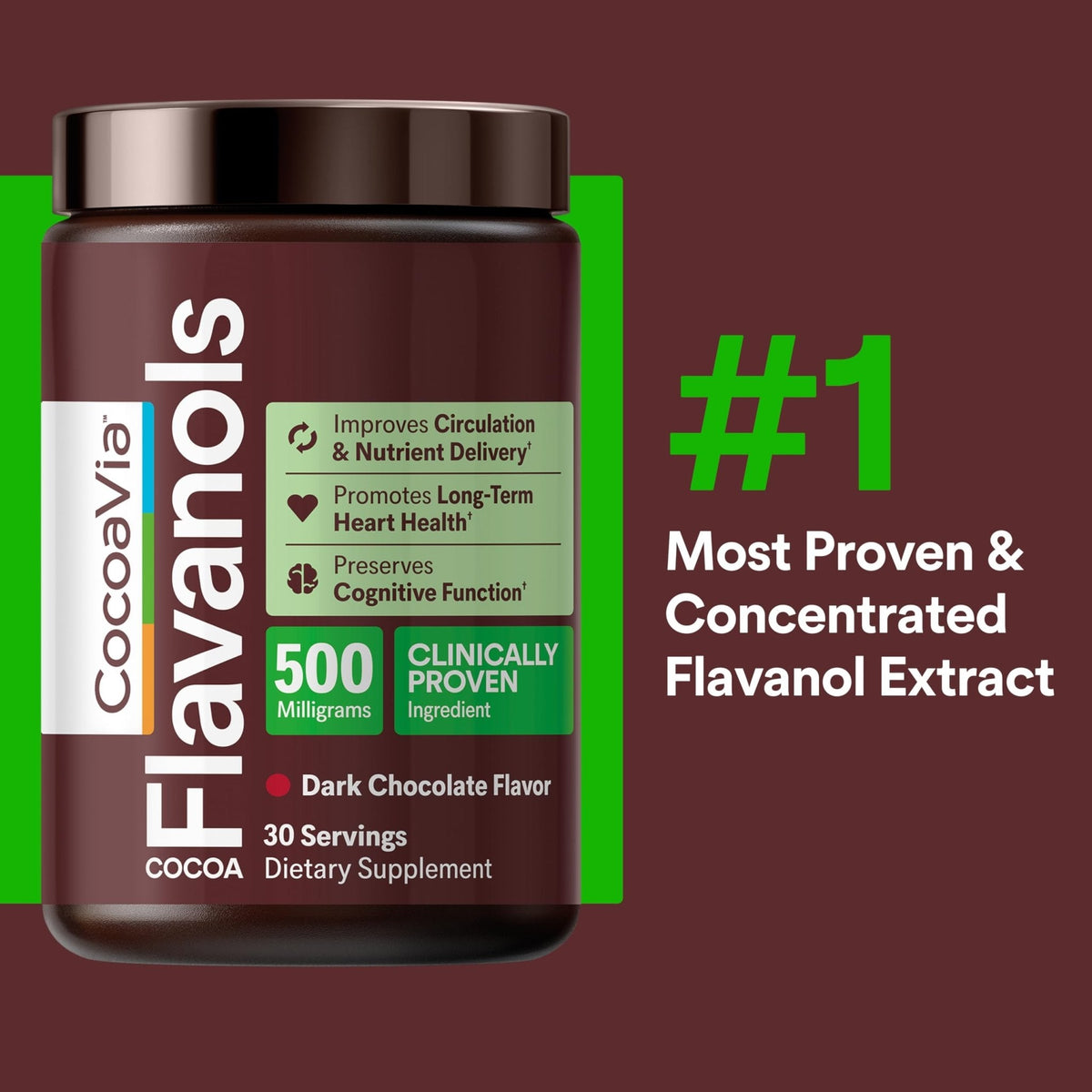 CocoaVia Cocoa Flavanols 500mg – Heart and Brain Support, High Flavanol Cocoa Powder - Maple Wellness Supplements