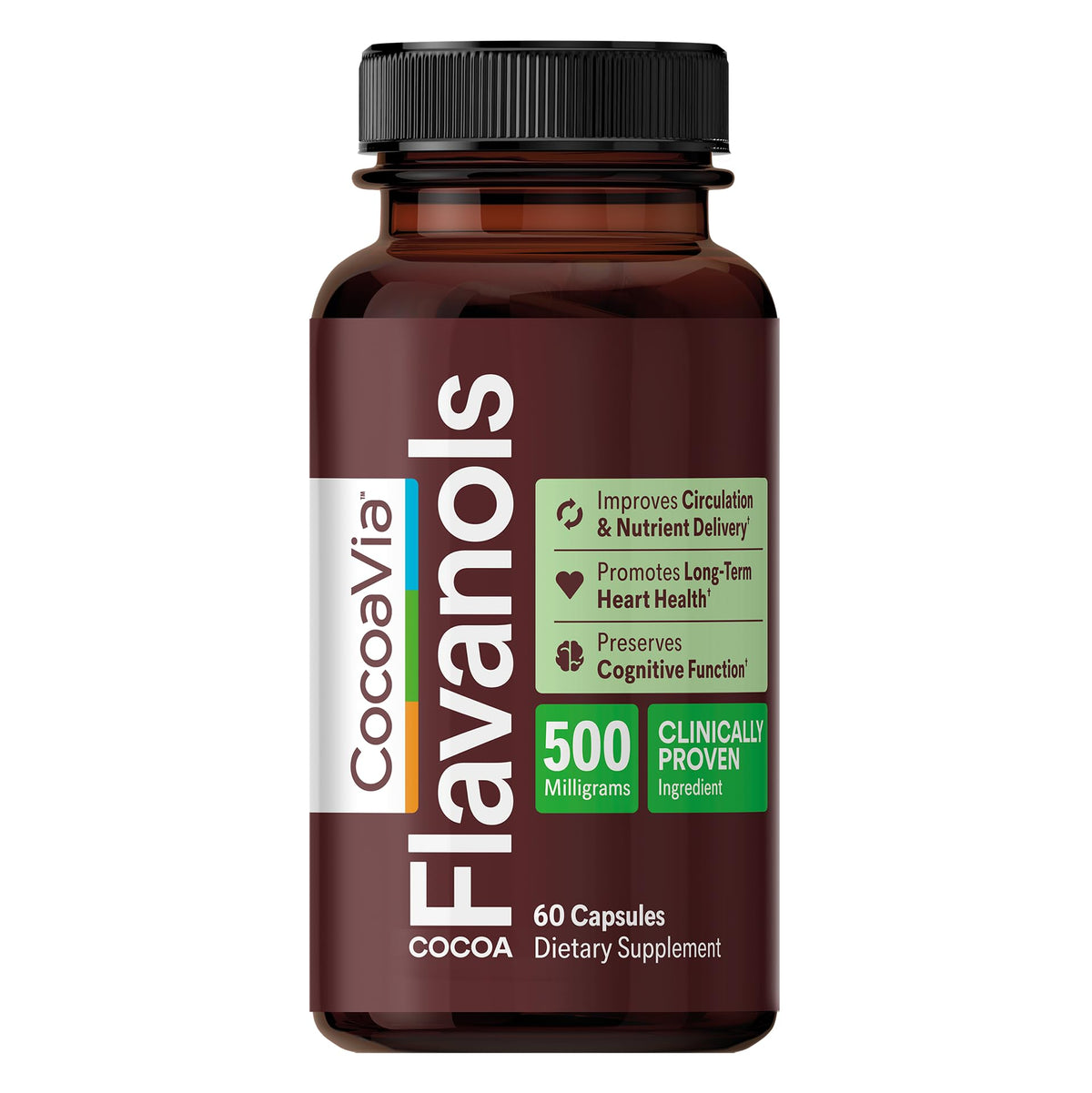CocoaVia Cocoa Flavanols 500mg – Heart & Brain Support Supplement, High Flavanol Cocoa, Blood Circulation & Memory Booster, Nitric Oxide, Energy & Oxygen Boost, Vegan, Gluten-Free, 60 Capsules - Maple Wellness Supplements