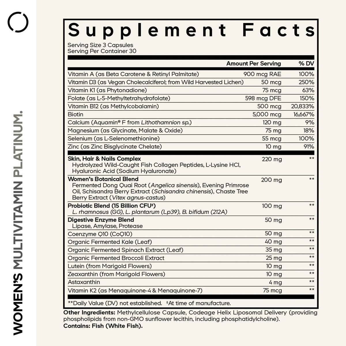 Codeage Women’s Multivitamin Platinum - Vitamins A D3 K1 K2 B12 & Minerals, CoQ10, Skin, Hair & Nails Complex, Collagen, Botanicals, Probiotics - Maple Wellness Supplements