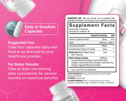 CogniTune Multi Collagen Peptides for Women with Biotin, Hyaluronic Acid, Vitamin C - 5 Types I II III V X Colageno Hidrolizado - 2000mg Hair Skin Nails Joints Support - 120 Capsules - Maple Wellness Supplements