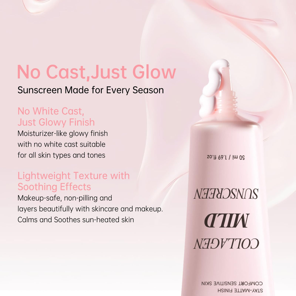 Collagen Mild Sunscreen SPF 50 for Face, Broad Spectrum Protection, Hydrating Facial Sunscreen with Peptides & Cica, Lightweight Non-Greasy, No White Cast, Natural Glow, Travel Size (2 PCS) - Maple Wellness Supplements