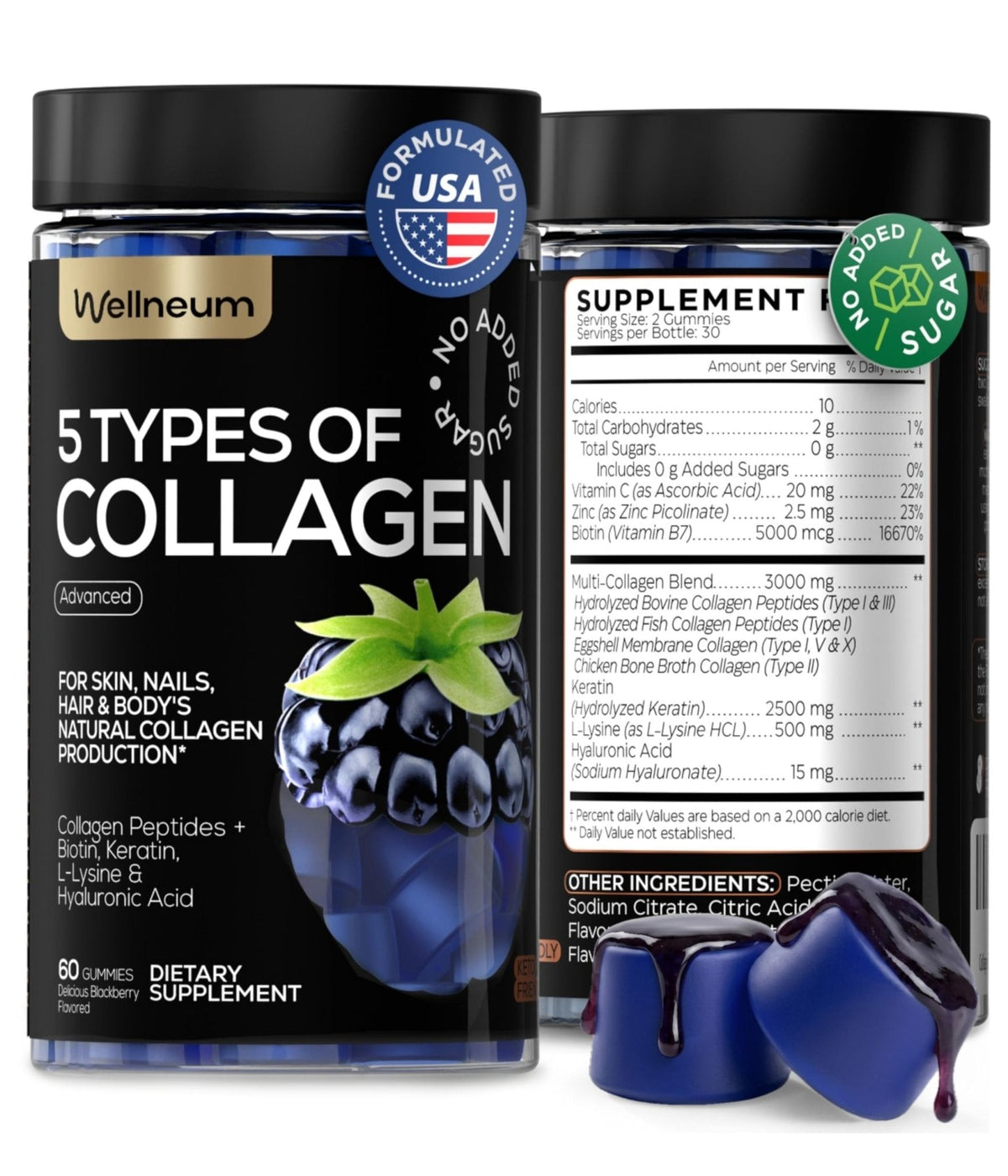Collagen Peptides Gummies Sugar Free 3000mg Multi Collagen Blend for Hair Skin & Nails Support + 2500mg Keratin + 5000mcg Biotin, Hyaluronic Acid, - Maple Wellness Supplements