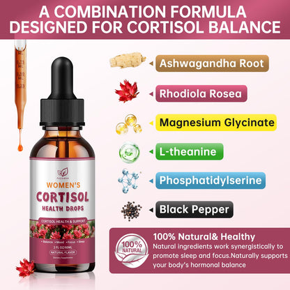 Cortisol Manager Liquid Drops, Cortisol Supplements for Women, with magnesium ashwagandha, rhodiola rosea,l-theanine,Phosphatidylserine-Promote Relaxation and Support Mood- 30 Day Vegan Supply - Maple Wellness Supplements