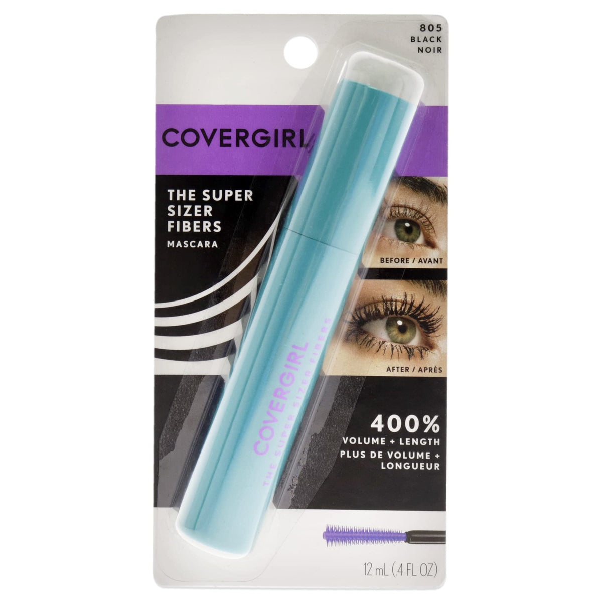 COVERGIRL Super Sizer Fibers Mascara, Black 805, 0.35 Ounce (Packaging May Vary) Volumizing Mascara with Brush - Maple Wellness Supplements