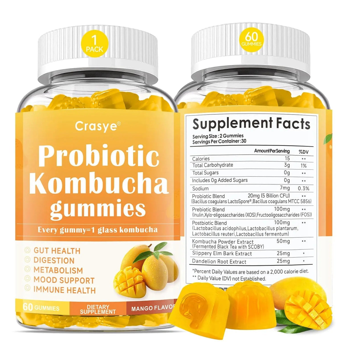 Crasye Probiotic Kombucha Gummies Sugar Free Prebiotic Postbiotic Probiotics Gummies with Slippery Elm for Women and Men Bloating Gut Health Immune and Digestive Support - 60 Gummies - 30 Servings - Maple Wellness Supplements