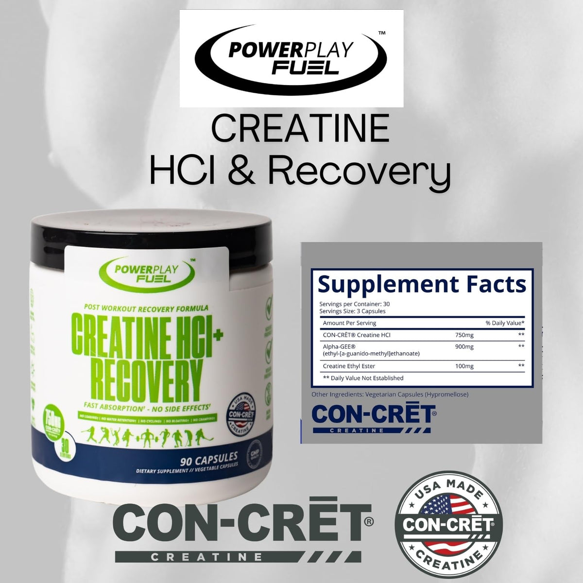 CREATINE HCl + Recovery Capsules for Men and Women, Muscle & Brain Health, Cognitive Function, Immune Support - 90 Vegetable Capsules - Maple Wellness Supplements