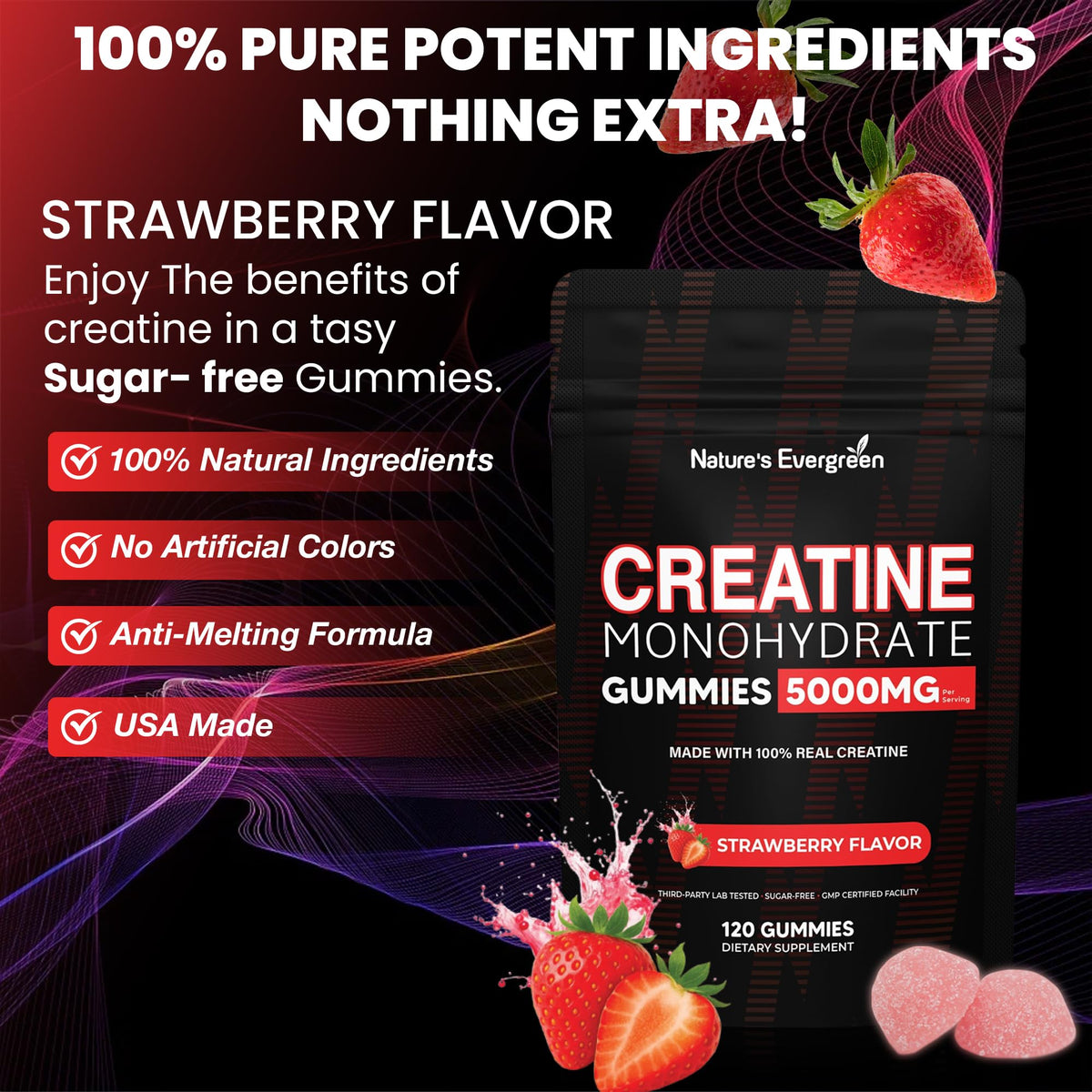 Creatine Monohydrate 5000mg Gummies, Pre-Workout 5g Creatine Gummy Supplement for Men & Women: Muscle Builder & Energy Boost, Sugar Free, Vegan, Strawberry Flavor, (120 Count) Made in USA - Maple Wellness Supplements