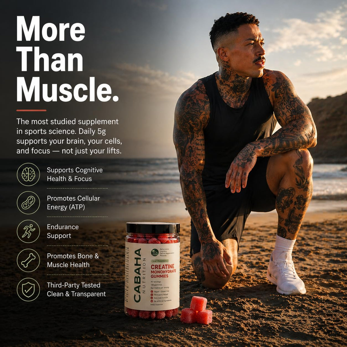Creatine Monohydrate Gummies 5g - Only 2g Sugar, Made in USA - Sour Watermelon Flavor - Vegan & 3rd Party Tested - Pre & Post Workout Supplement for Women and Men (120 Count, 40 Servings) - Maple Wellness Supplements