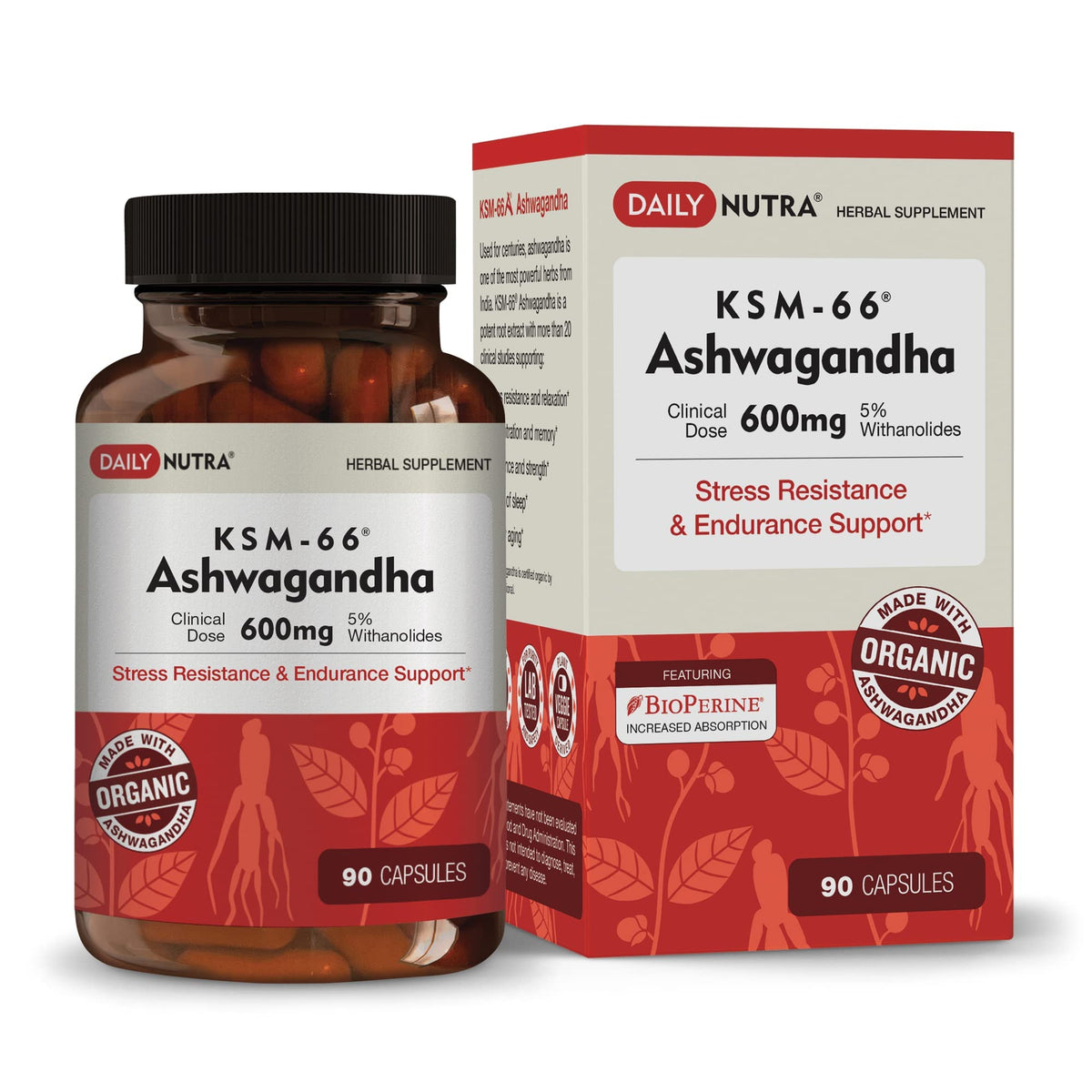 DailyNutra KSM-66 Ashwagandha 600mg Organic Root Extract - High Potency Supplement with 5% Withanolides | Relieves Tiredness, Supports Relaxation, Focus, Energy, & Muscle Growth (90 Capsules) - Maple Wellness Supplements