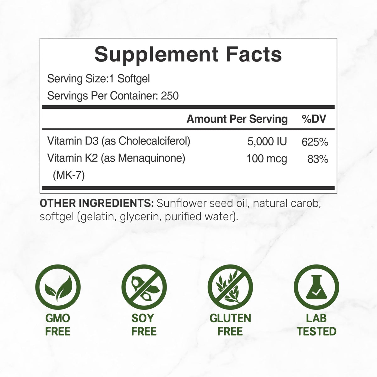 DEAL SUPPLEMENT Vitamin D3 5,000 IU + K2 MK7 Softgels, 250 Count | 2-in-1 Complex | Easy to Swallow - Maple Wellness Supplements