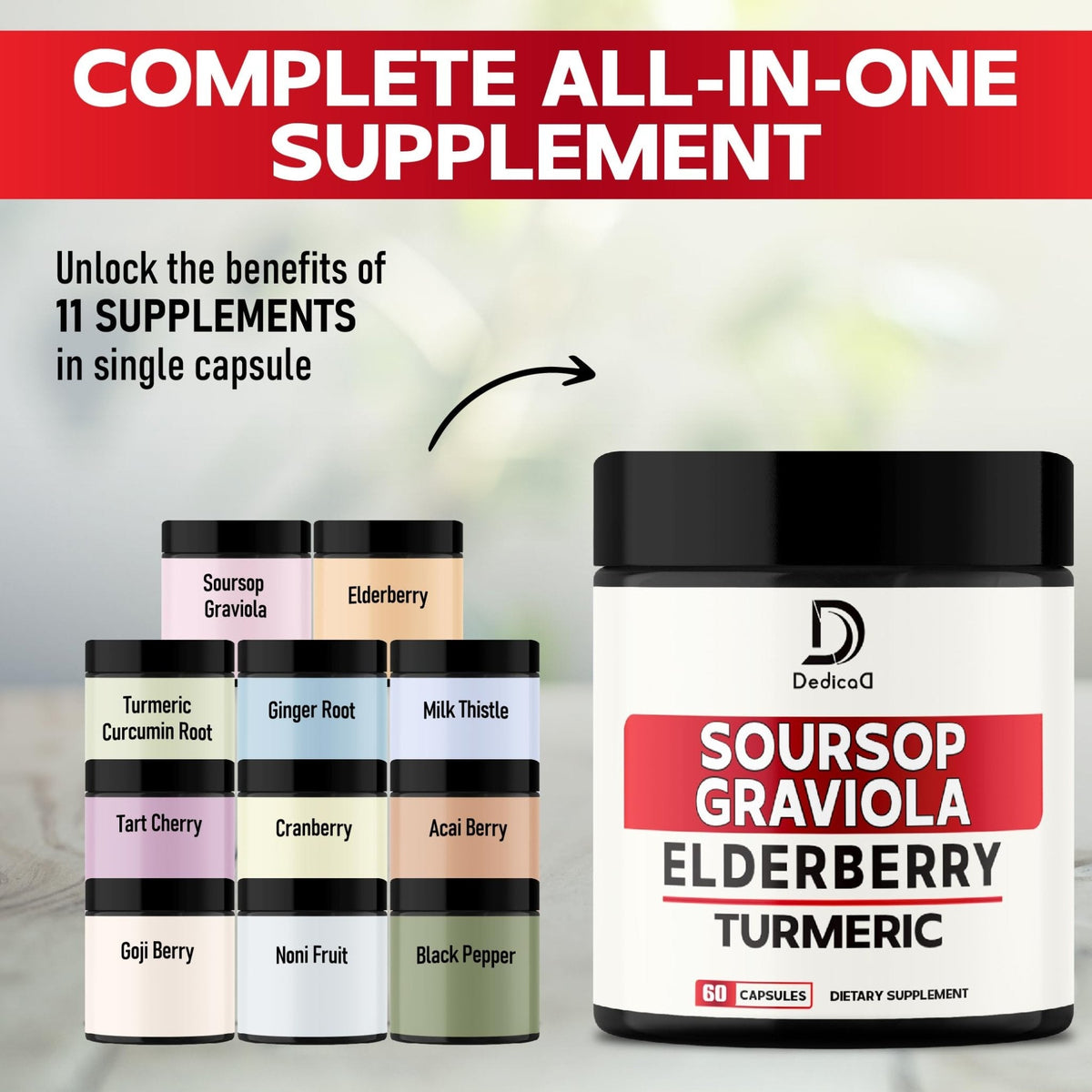 DEDICAD 11in1 Graviola Soursop Capsules - Blended with Elderberry, Turmeric, Ginger, Milk Thistle, Cranberry & More - Support Positive Mood, Immune System & Body Management - Maple Wellness Supplements
