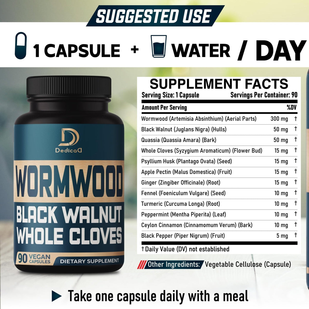 DEDICAD 12in1 Wormwood Black Walnut Clove Capsules - Immune, and Mood Support - 3 Month Supply - 90 Vegan Capsules - Maple Wellness Supplements