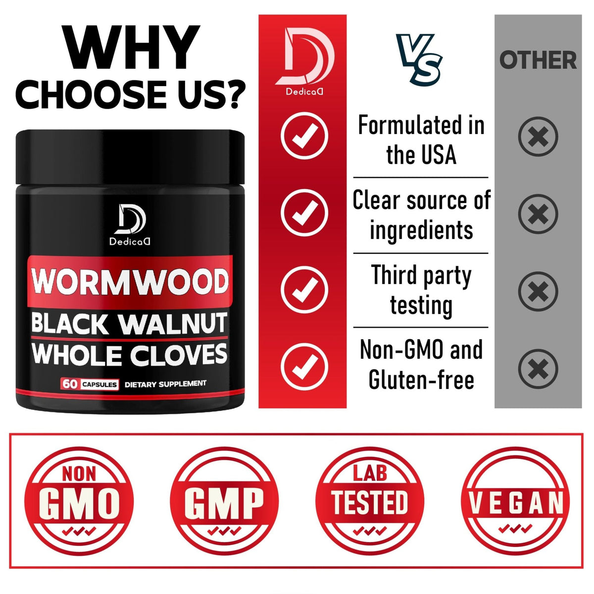 DEDICAD 1500mg Wormwood Capsules with Black Walnut & Cloves - Artemisia Annua Supplement for Immunity - 60 Vegan Capsules - Maple Wellness Supplements