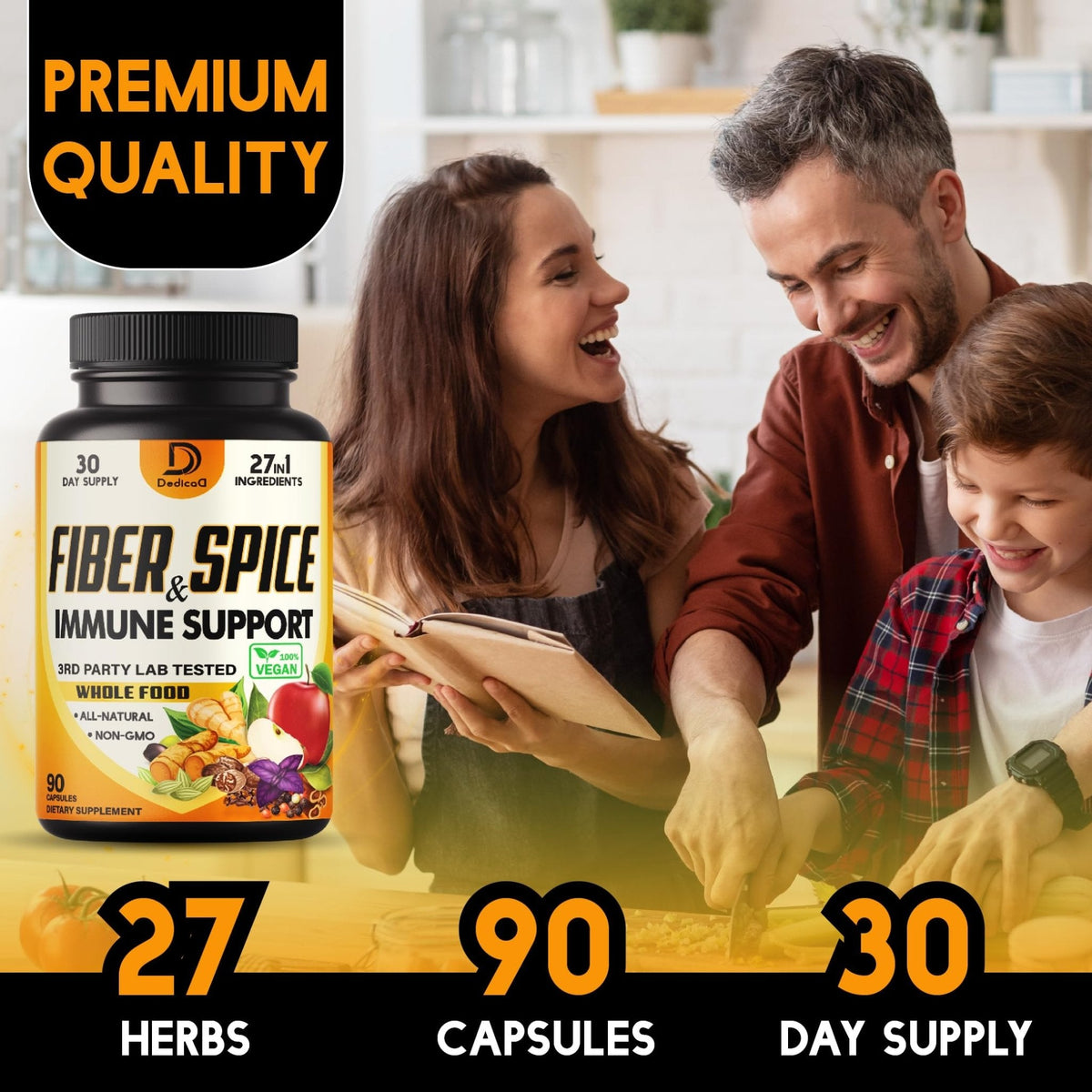 DEDICAD 27in1 Fiber and Spice Supplement - Combined with Organic Psyllium, Whole Apple, Elderberry & More - Support Mood, Body & Immunity - 90 Capsules for 1 Month - Maple Wellness Supplements