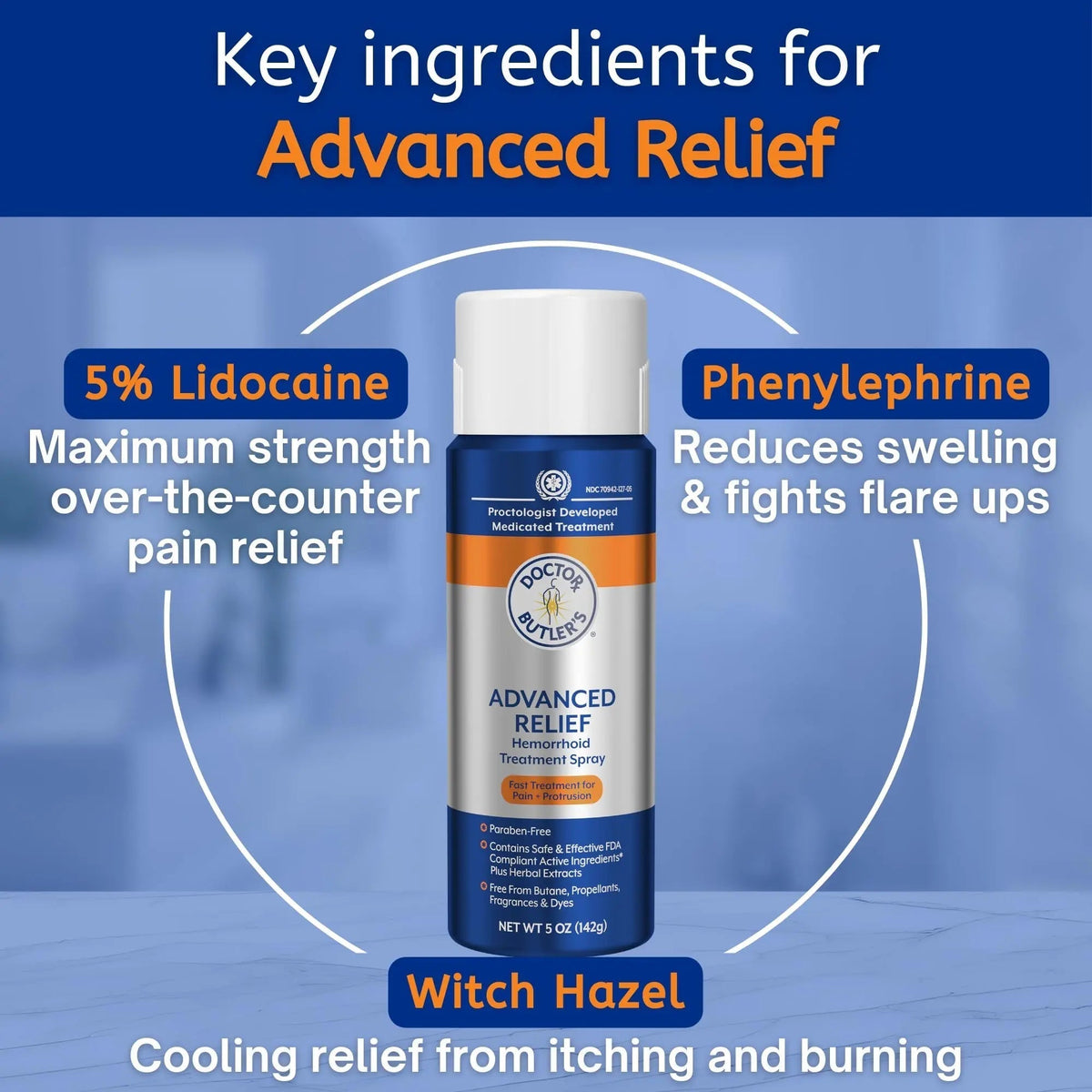 Doctor Butler's Advanced Relief Hemorrhoid Spray – Advanced Relief Hemorrhoid Treatment Spray with Witch Hazel to Help with Sensitive Skin, Itch Relief, and Swelling Relief* (5oz) - Maple Wellness Supplements