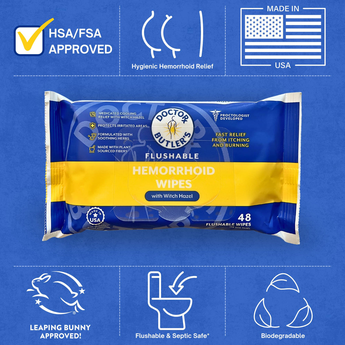 Doctor Butler's Flushable Hemorrhoid Wipes – Flushable Wipes with Witch Hazel to Soothe and Bring Relief from Discomfort Associated with Hemorrhoids (48 Wipes) - Maple Wellness Supplements
