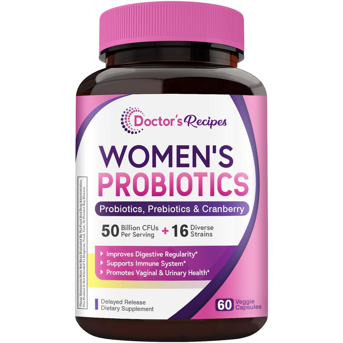 Doctor's Recipes Women's Probiotic, 60 Caps 50 Billion CFU 16 Strains, with Organic Cranberry, Digestive Immune Vaginal & Urinary Health, Shelf Stable - Maple Wellness Supplements