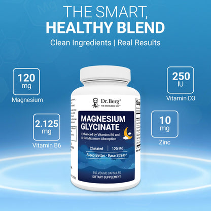 Dr. Berg Magnesium Glycinate 150ct – 4-in-1 Chelated for Muscle, Nerve, Sleep & Stress Support*– w/ D3, B6 & Zinc – 4X Lab-Tested – No Fillers – Formulated in USA, GMP-Certified - Maple Wellness Supplements