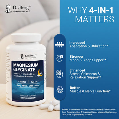 Dr. Berg Magnesium Glycinate 150ct – 4-in-1 Chelated for Muscle, Nerve, Sleep & Stress Support*– w/ D3, B6 & Zinc – 4X Lab-Tested – No Fillers – Formulated in USA, GMP-Certified - Maple Wellness Supplements