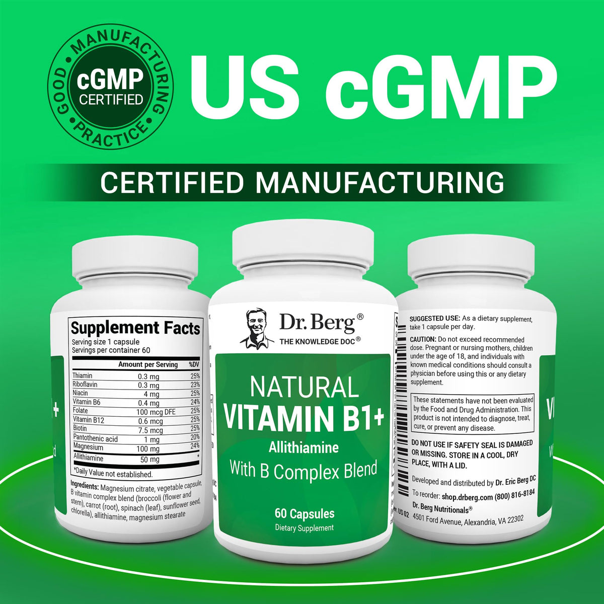 Dr. Berg Natural Vitamin B1 B6 B12 Complex - Allithiamine Vitamin B1 Supplement with 8 Essential Vitamin B Complex for Men & Women Including Thiamin - Maple Wellness Supplements