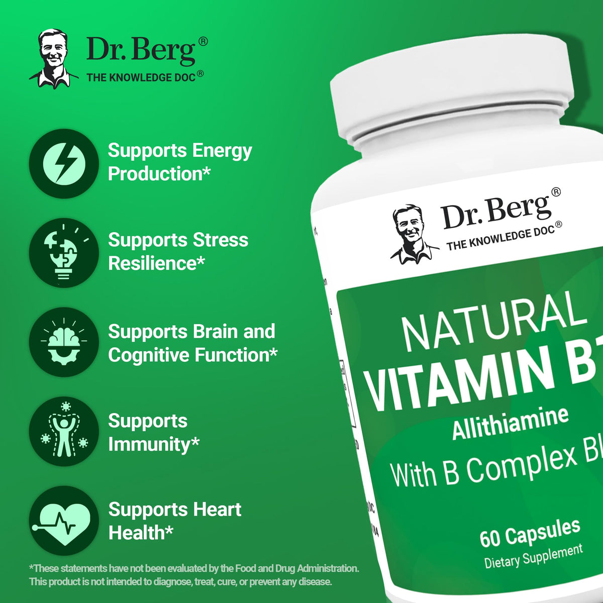 Dr. Berg Natural Vitamin B1 B6 B12 Complex - Allithiamine Vitamin B1 Supplement with 8 Essential Vitamin B Complex for Men & Women Including Thiamin - Maple Wellness Supplements